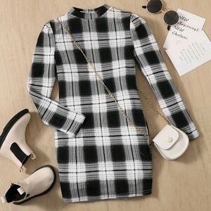 Girl's Black and White Plaid Bodycon Dress with Stand Collar, Long Sleeve